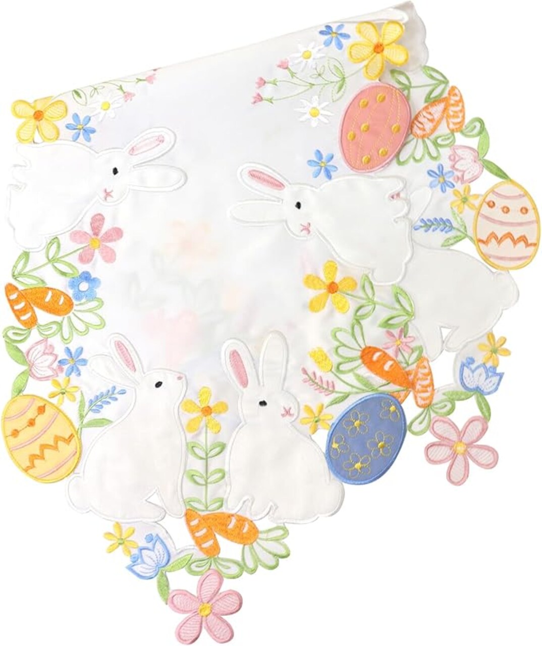 Easter Table Runner Embroidered Bunny Easter Eggs 36 inches Long Cutout White Rabbits Spring Season Floral Coffee Dining Table Centerpiece